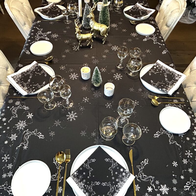 Rectangle Tablecloth - Reindeer/Snowflake Border Print - Black