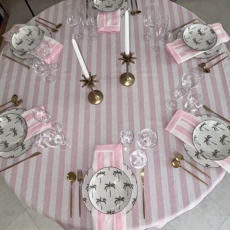 Round Tablecloth - Pink/White Striped Print